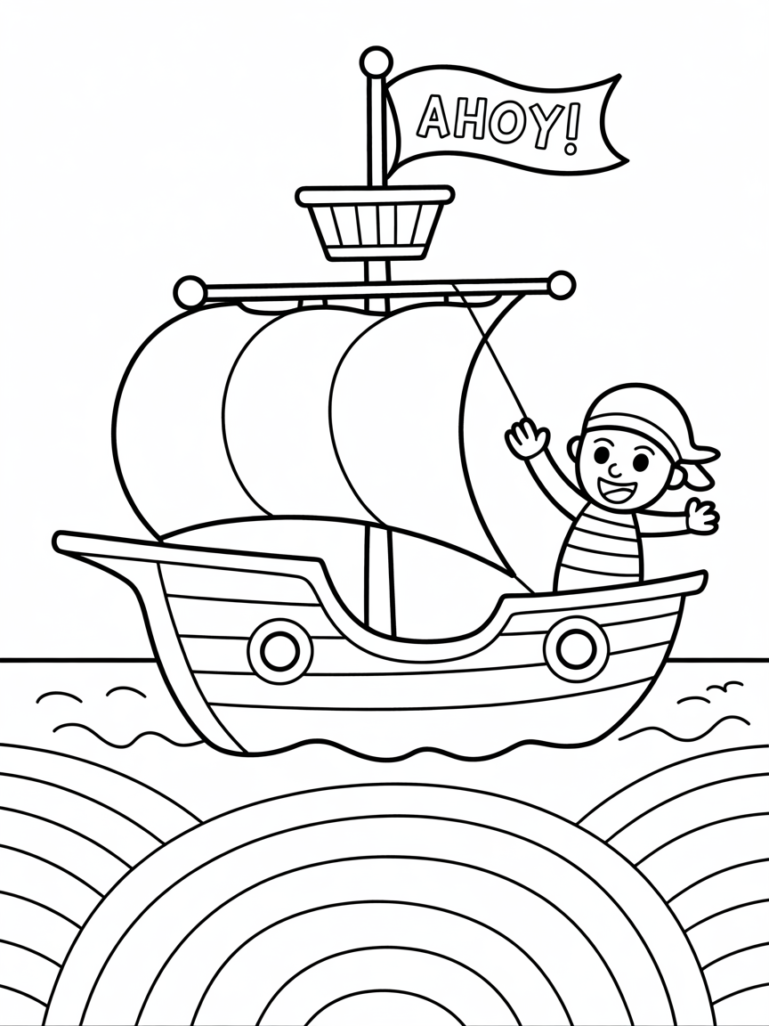 Pirate ship sailing on rainbow seas - Free Coloring Page