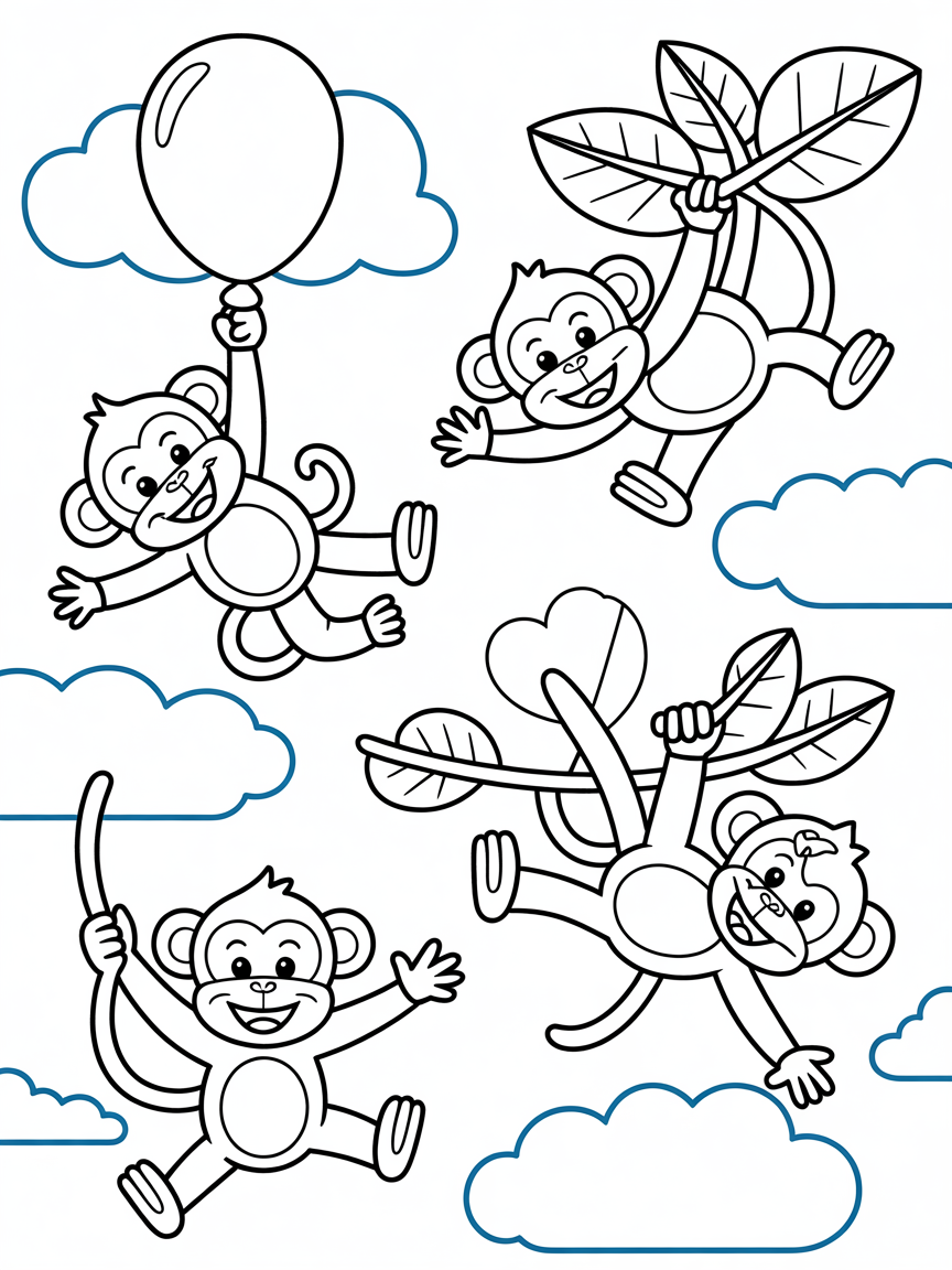 monkeys flying - Free Coloring Page