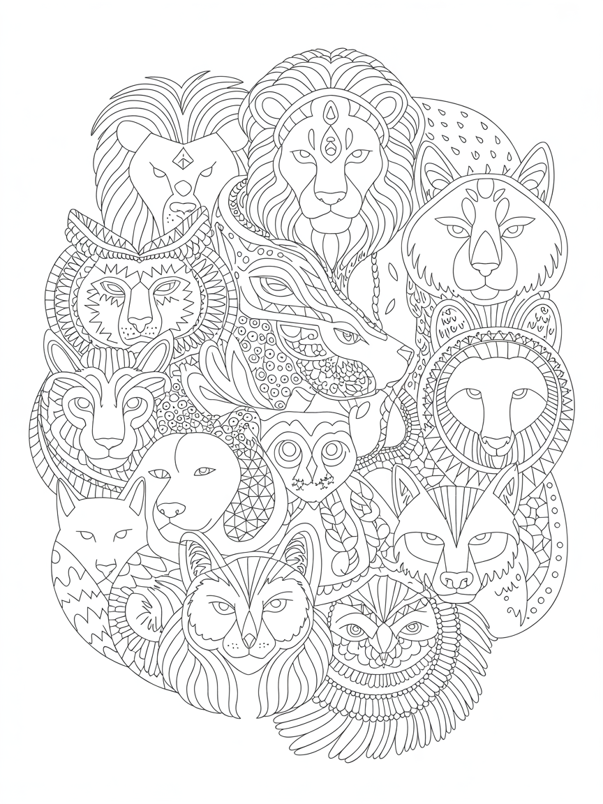 Mandala faces of animals - Free Coloring Page