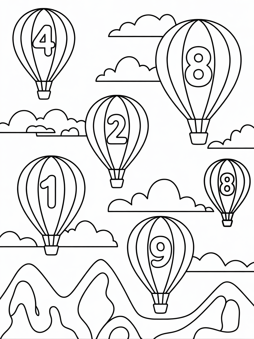 A very complex color with numbers page on cappadocia balloon sky - Free Coloring Page