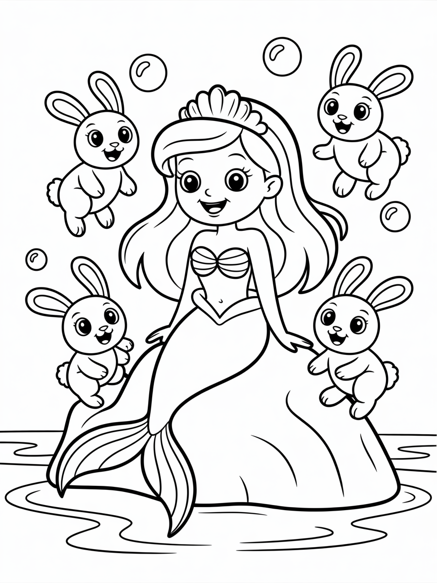 Mermaid fairy princess and her bunny friends - Free Coloring Page