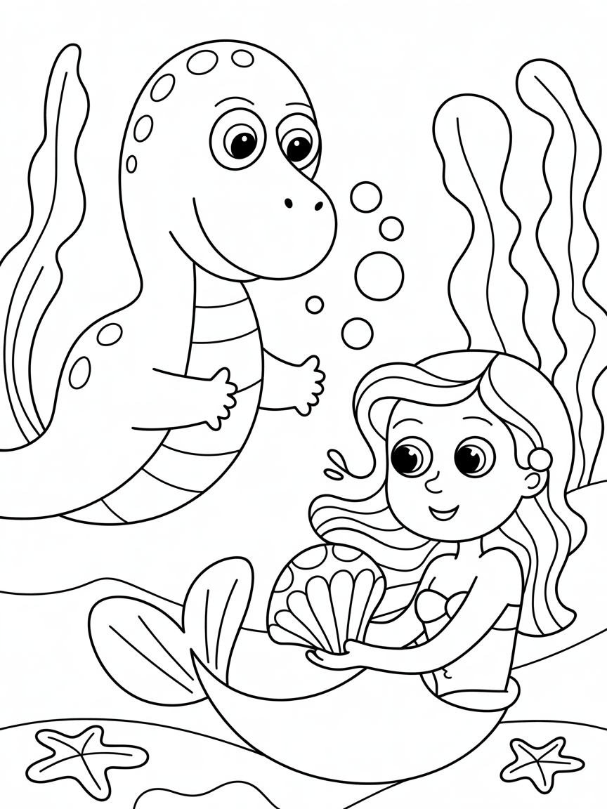 Dinosaur and mermaid playing underwater - Free Coloring Page