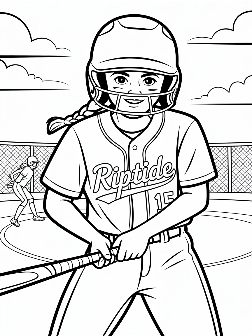 Softball player getting up to bat 4'7 has a helmet on has 1 bubble brade on the riptide team and number fifteen - Free Coloring Page