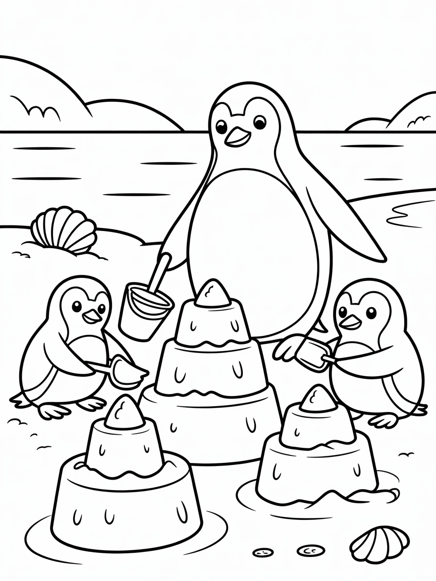 Penguin family building sandcastles - Free Coloring Page