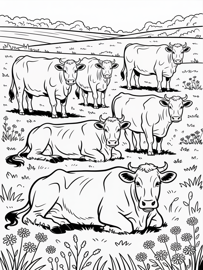 Brown Swiss cows on pasture - Free Coloring Page