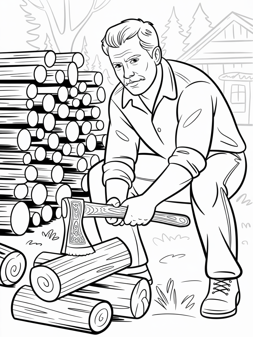 Man stacking and chopping wood - Free Coloring Page