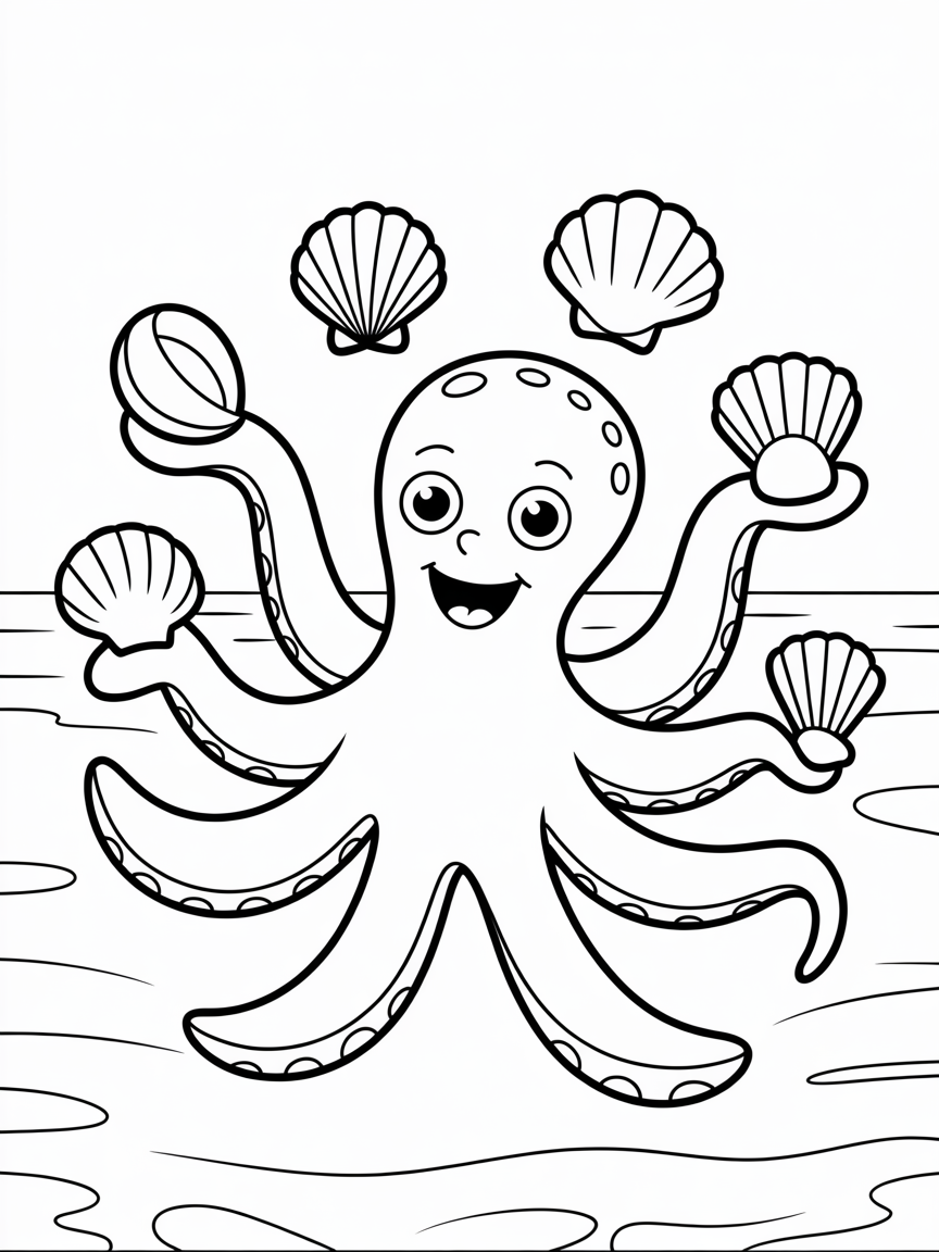 Octopus juggling shells - Free Coloring Page