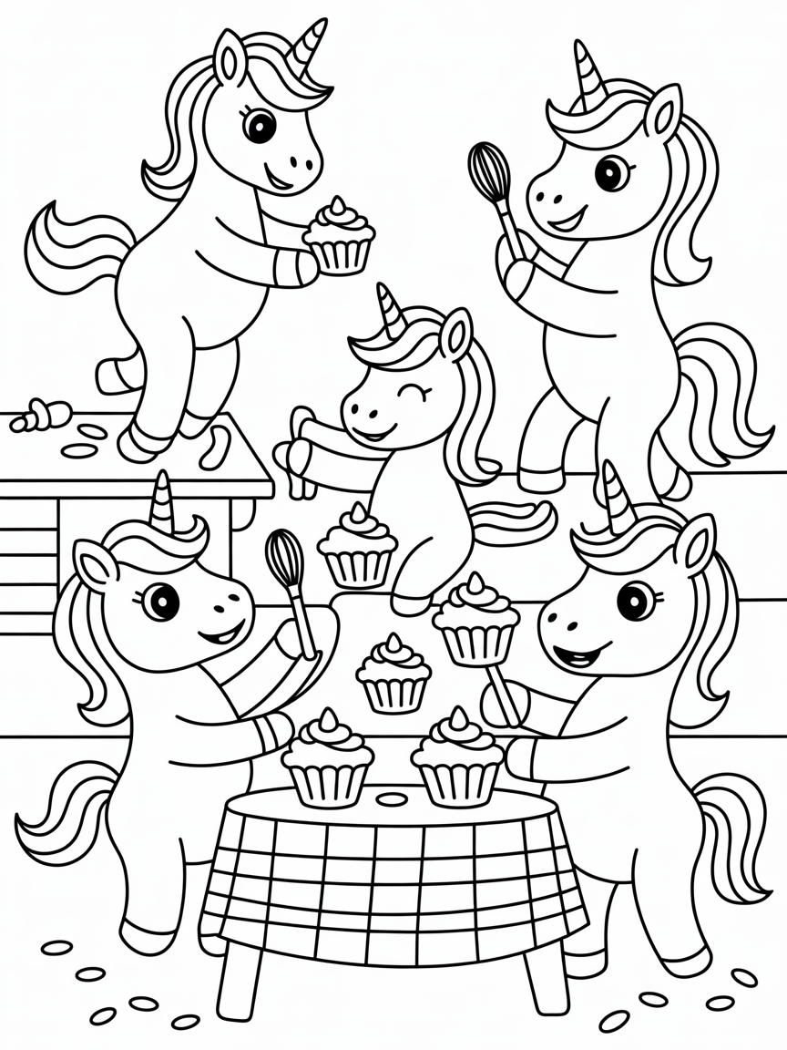 Unicorns baking rainbow cupcakes together - Free Coloring Page
