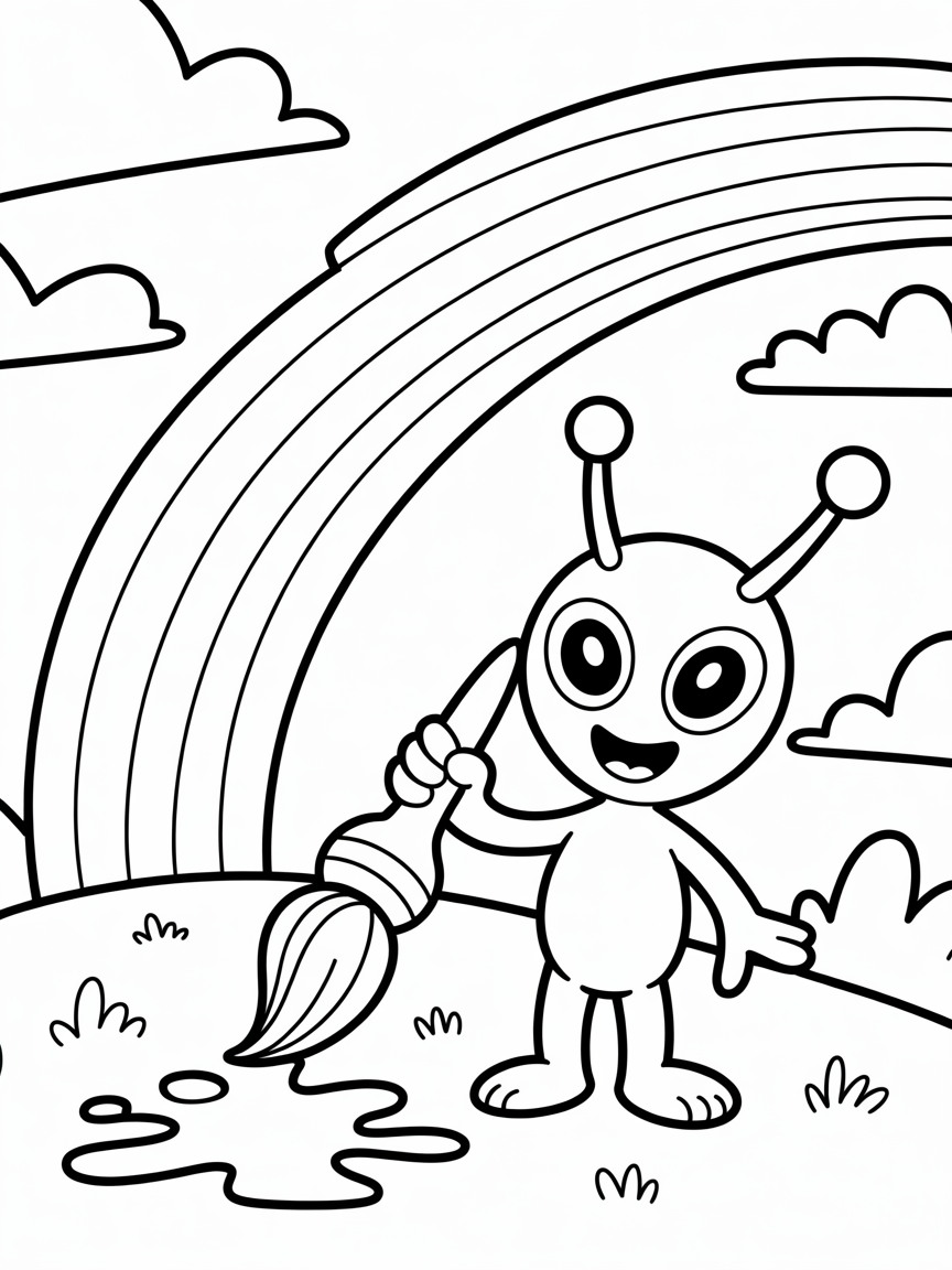 Friendly alien painting a rainbow - Free Coloring Page