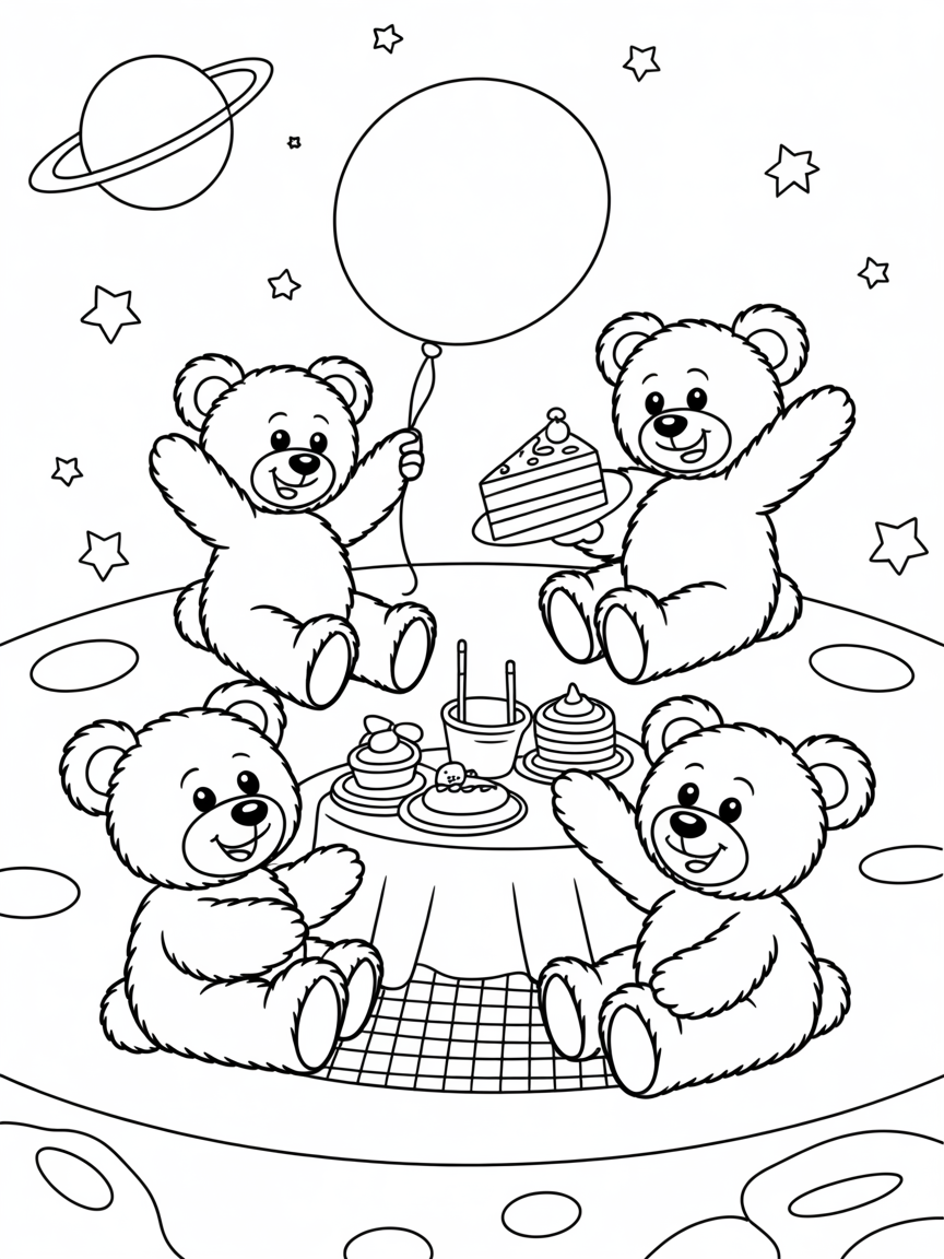 Teddy bears having a picnic in space - Free Coloring Page