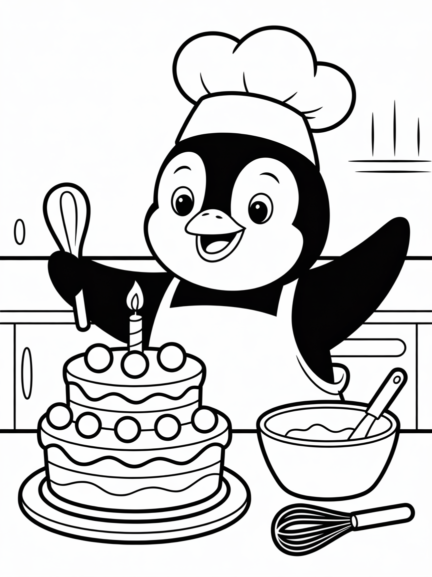 Penguin chef baking a birthday cake - Free Coloring Page