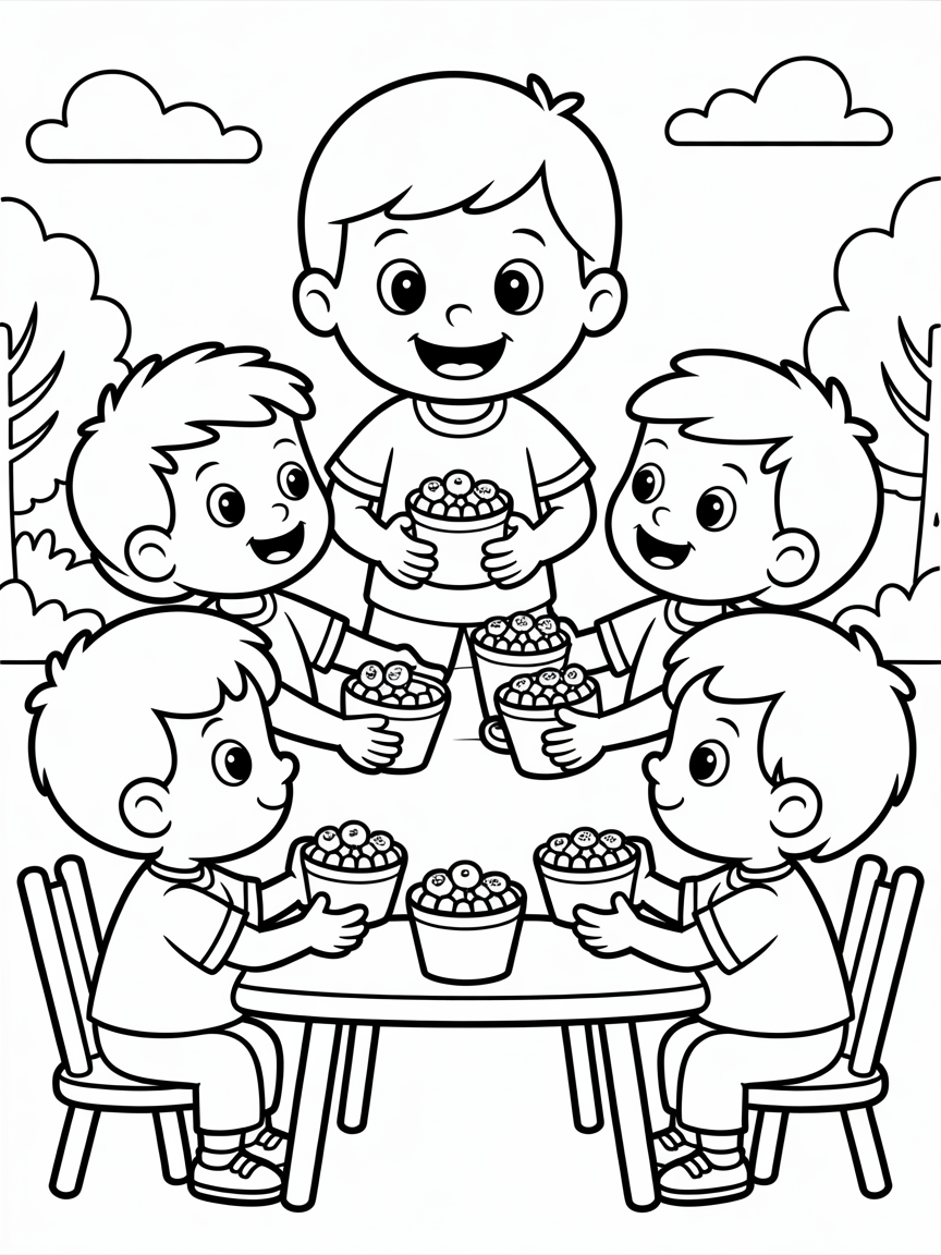 Kid distributing sweets to other kids - Free Coloring Page