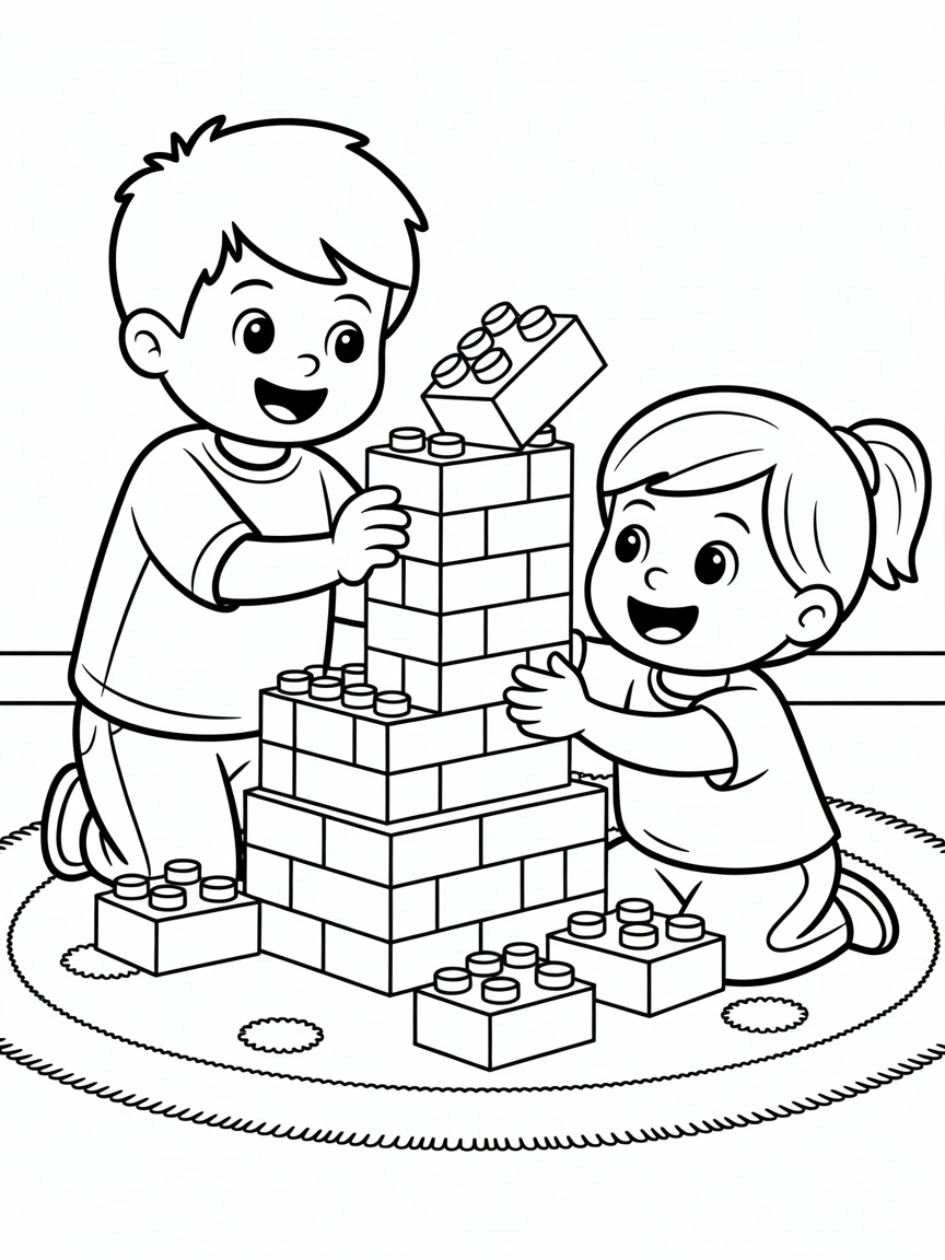 Brother and sister playing with legos - Free Coloring Page