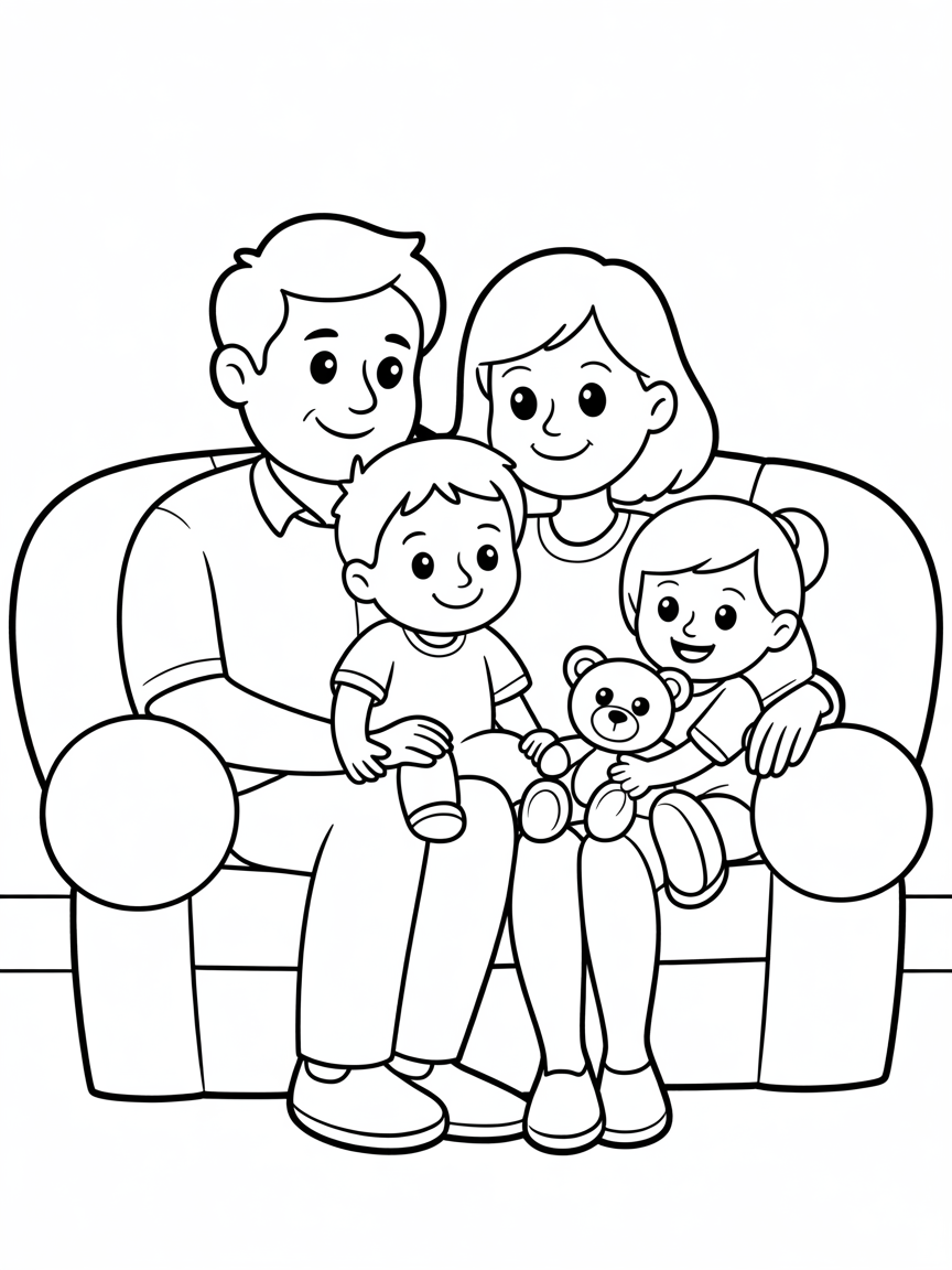 Father mother son daughter on the sofa - Free Coloring Page