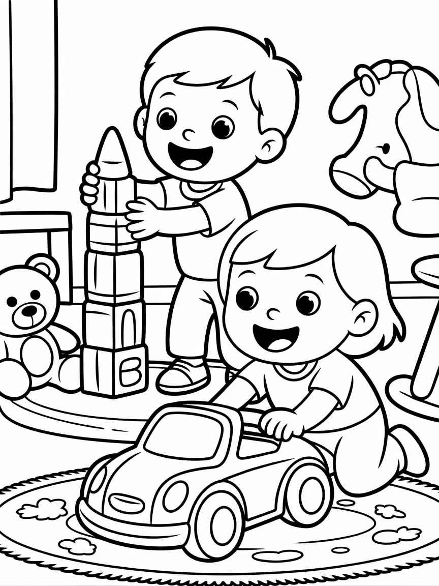 Brother and sister playing with toys - Free Coloring Page