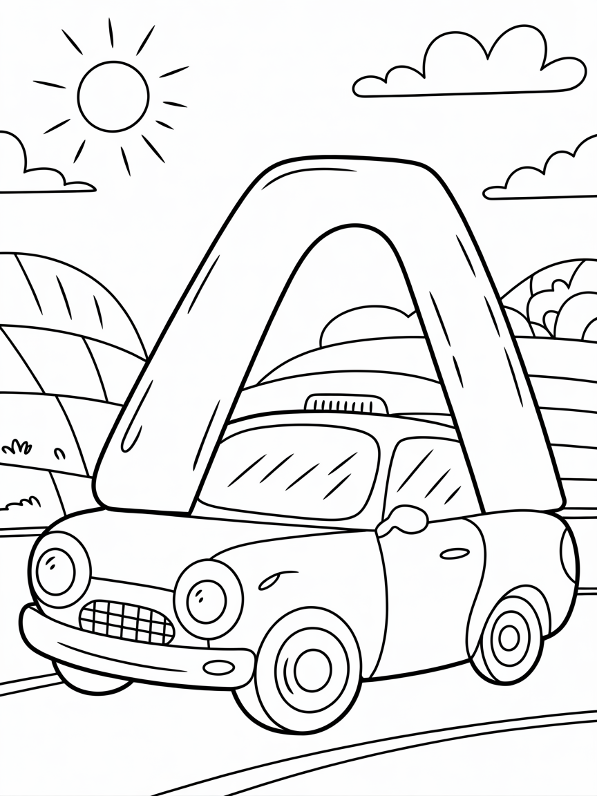 A car shaped like the letter of the alphabets - Free Coloring Page