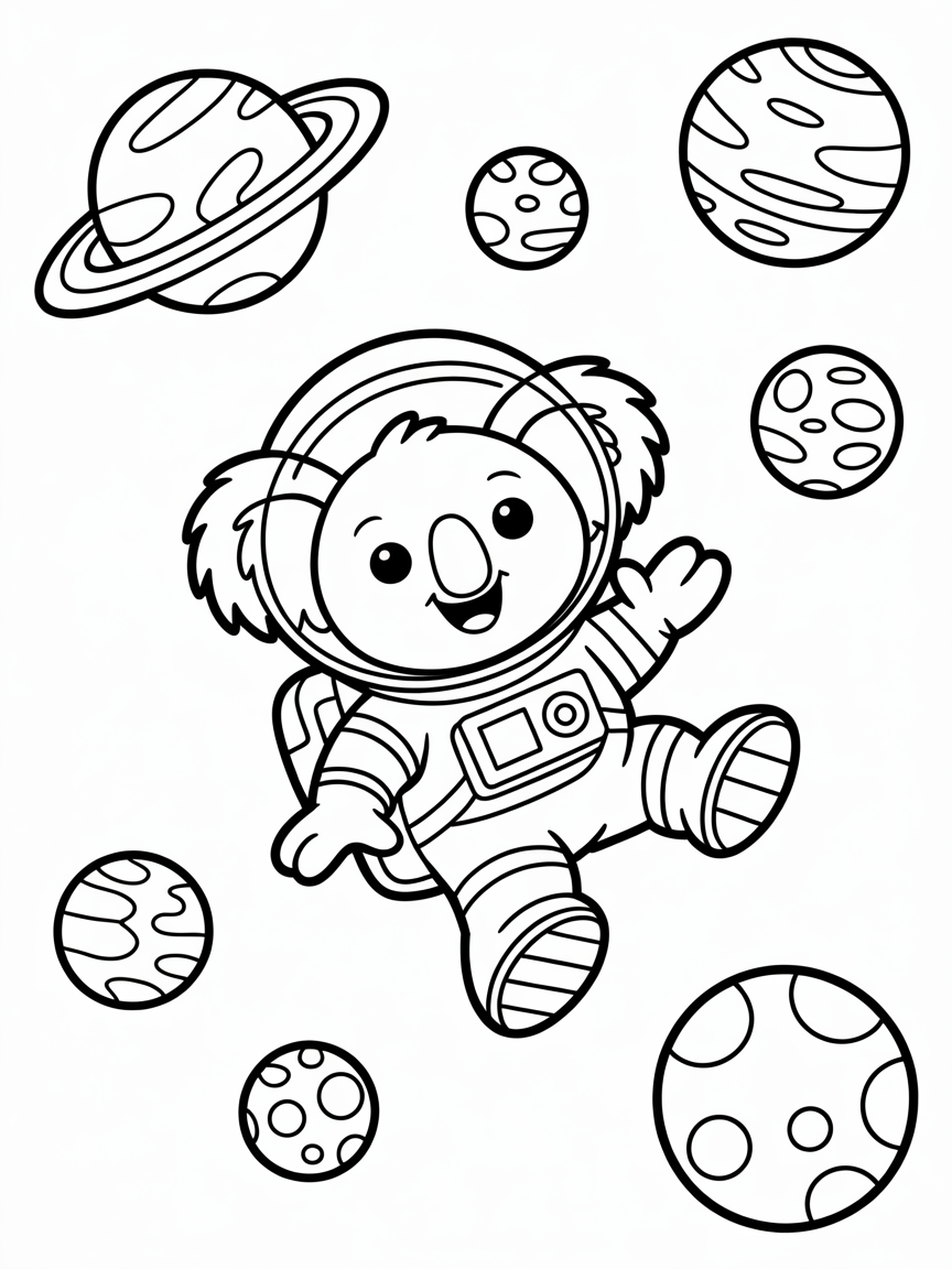 Koala astronaut floating among planets - Free Coloring Page