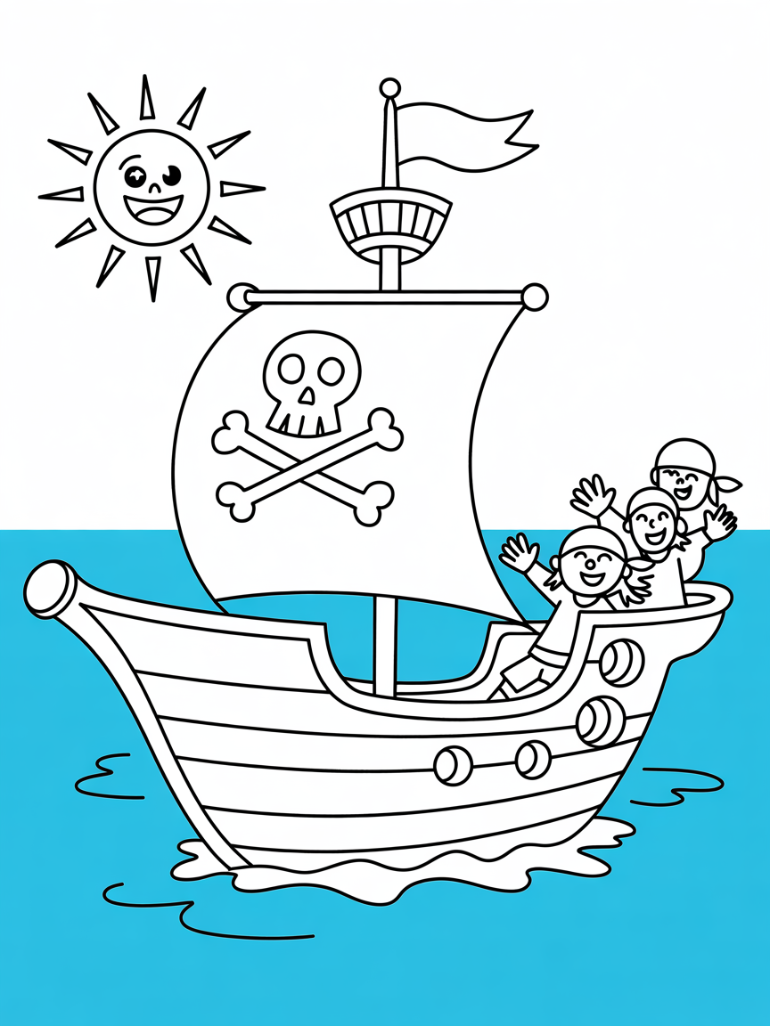 A pirate ship with lots of adventures - Free Coloring Page