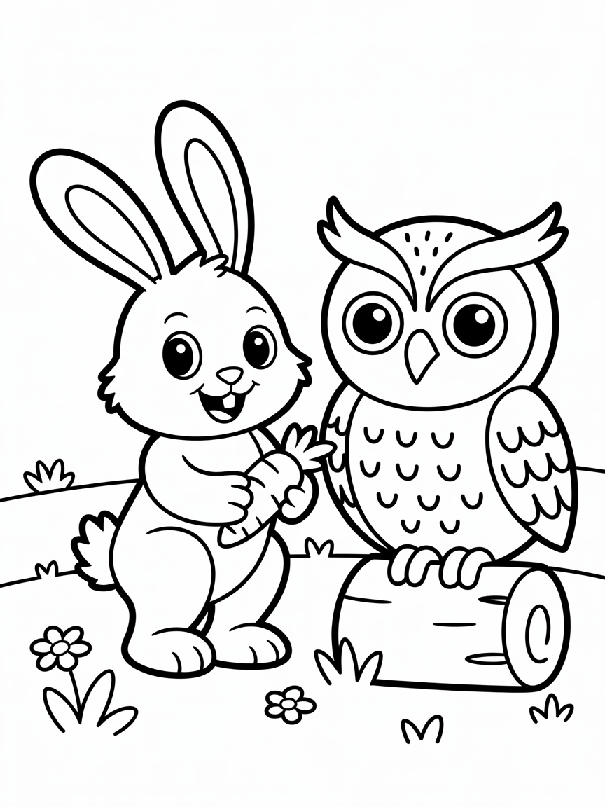Acute Bunny with a owl - Free Coloring Page