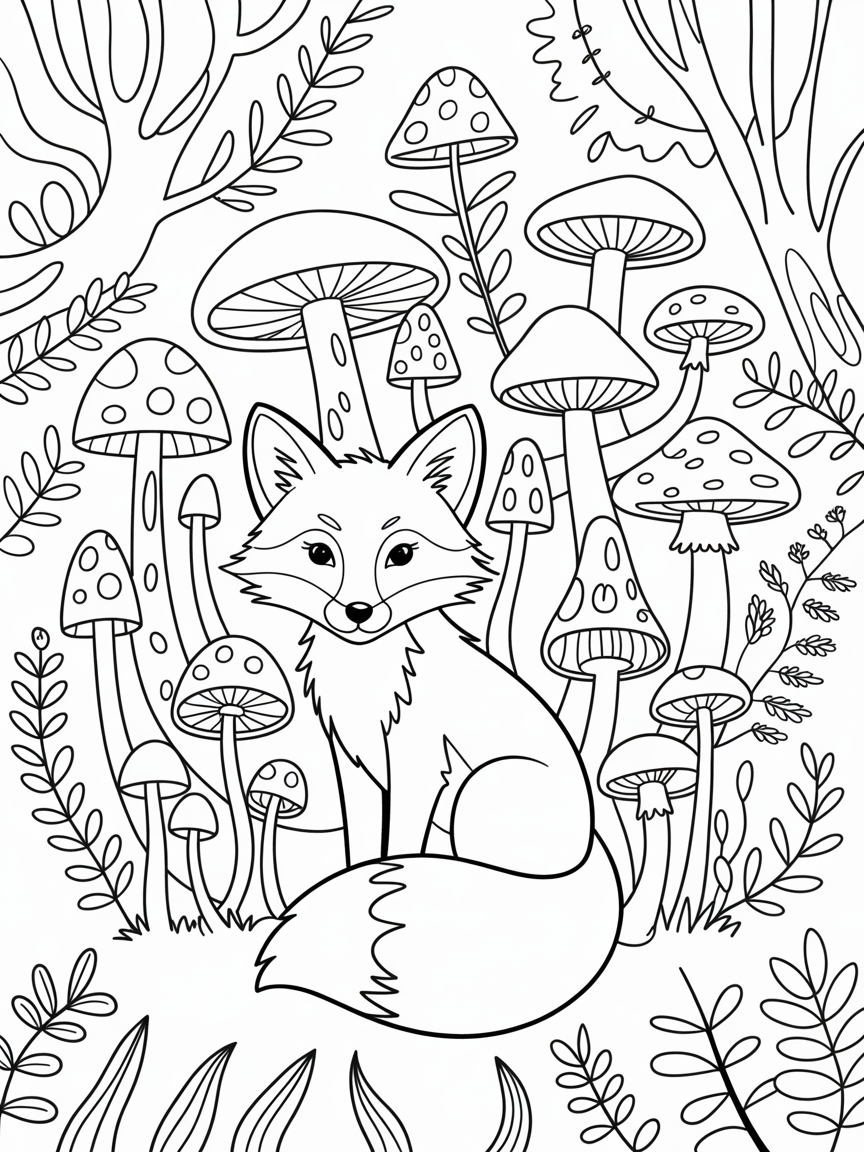 Fox with mushrooms on it - Free Coloring Page