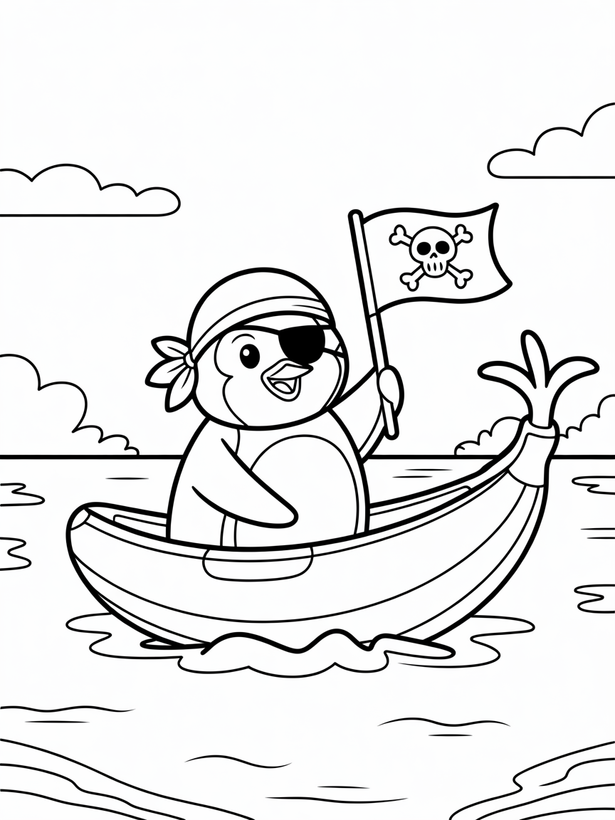 Pirate penguin sailing a banana boat - Free Coloring Page