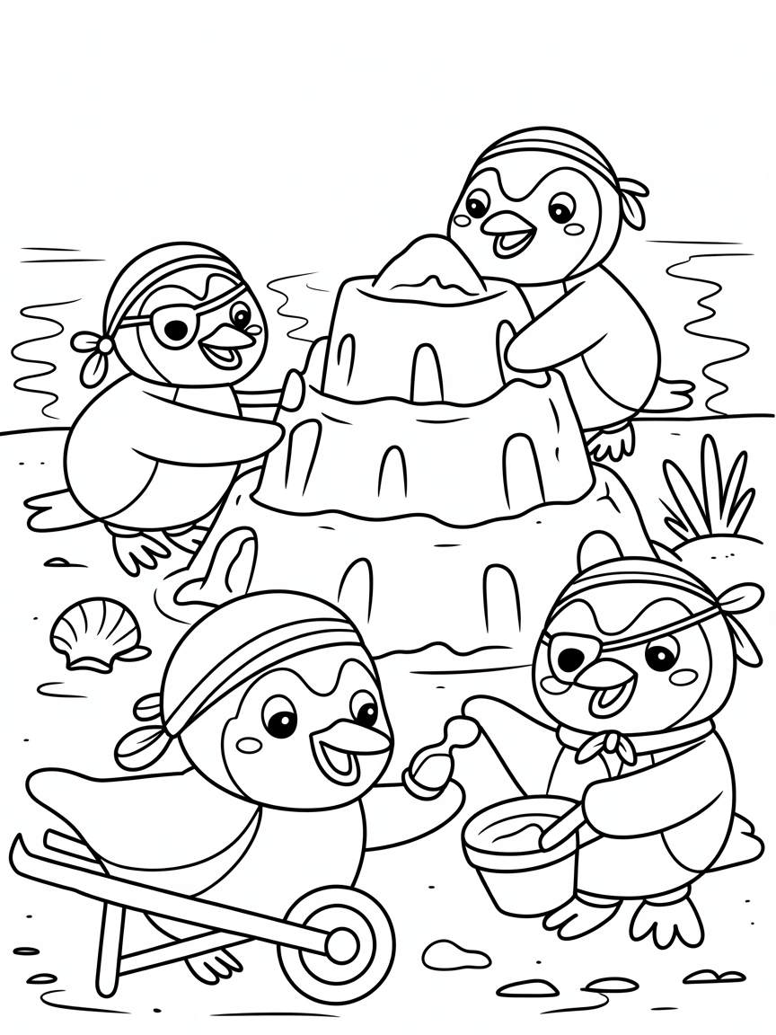 Pirate penguins building a sandcastle - Free Coloring Page