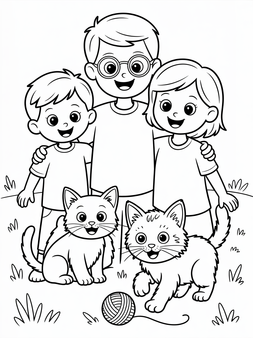 A family of a little boy, tall dad with glasses, short mom, two black and white cats, one orange cat and one maine coon small cat - Free Coloring Page