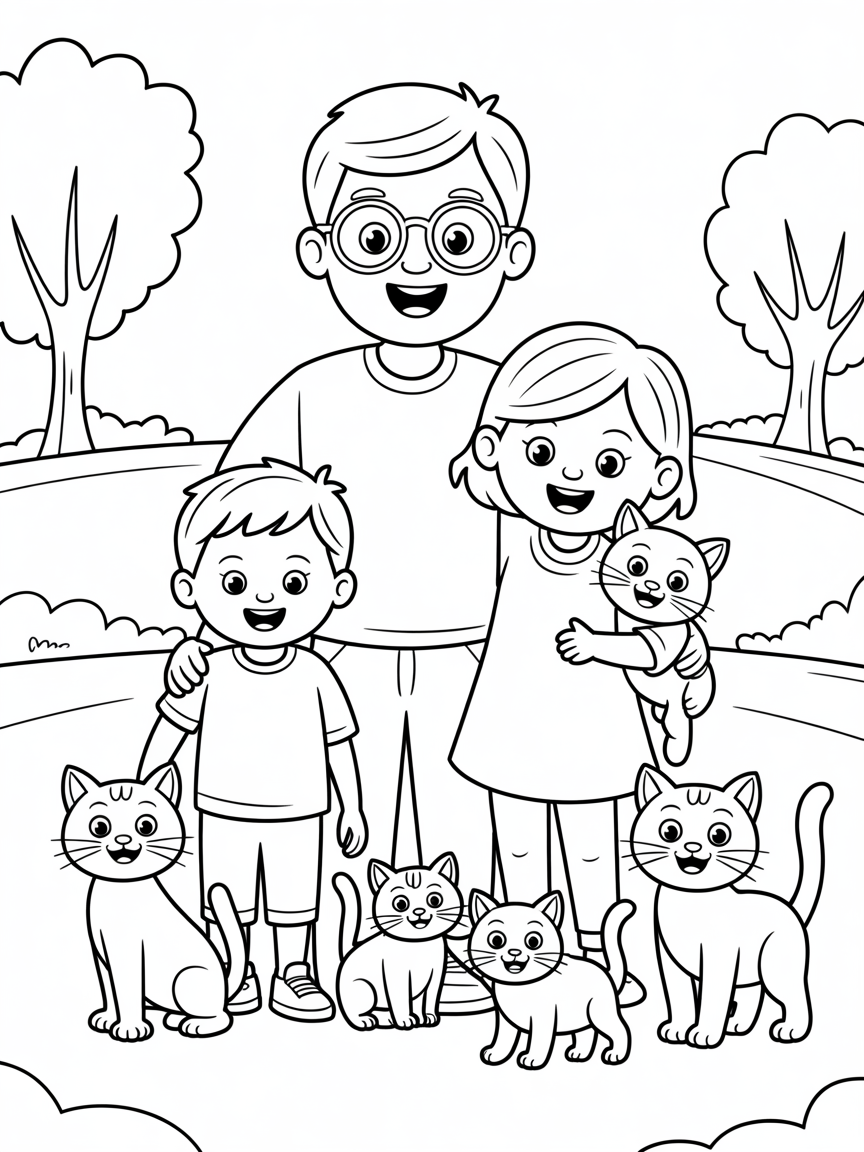 A family of a little toddler boy, very tall dad with glasses, short mom and 4 cats - Free Coloring Page