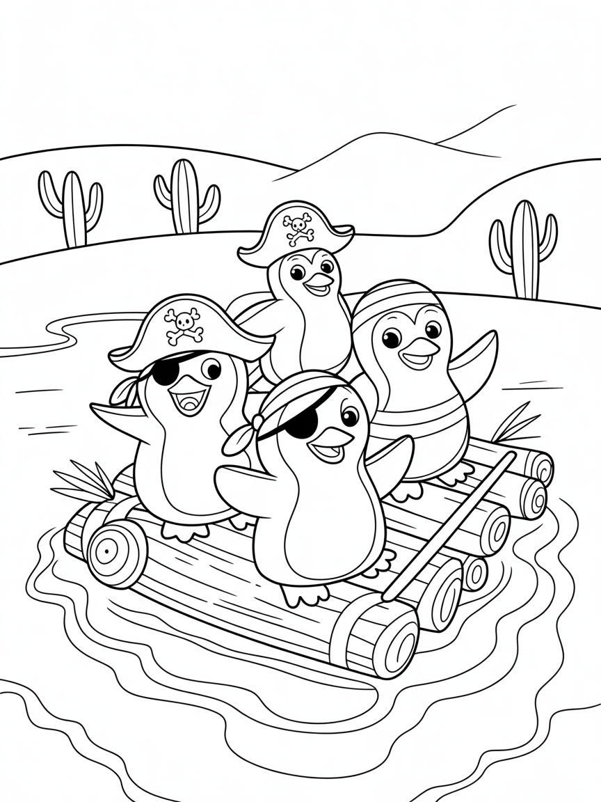 Pirate penguins sailing dessert seas - Free Coloring Page