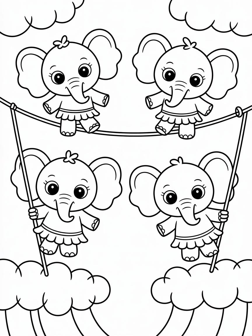 Ballerina elephants on a tightrope - Free Coloring Page