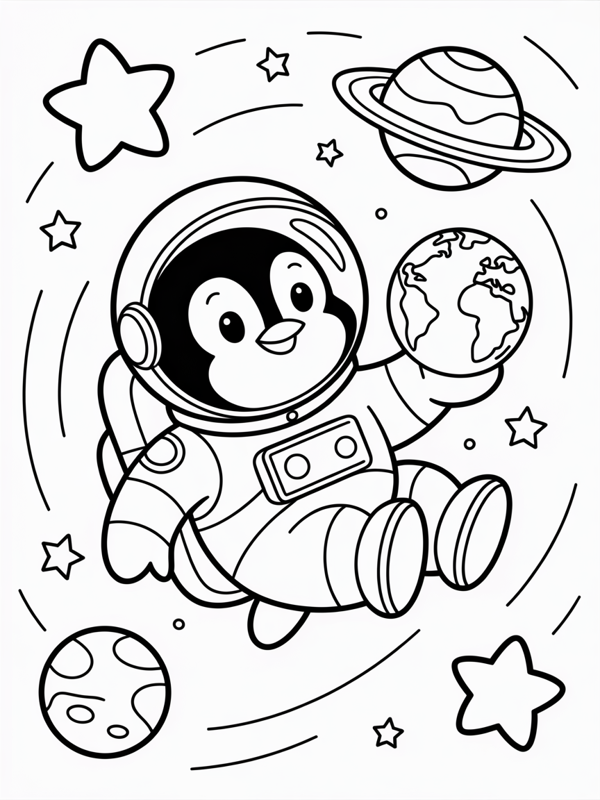 Astronaut penguin exploring outer space - Free Coloring Page