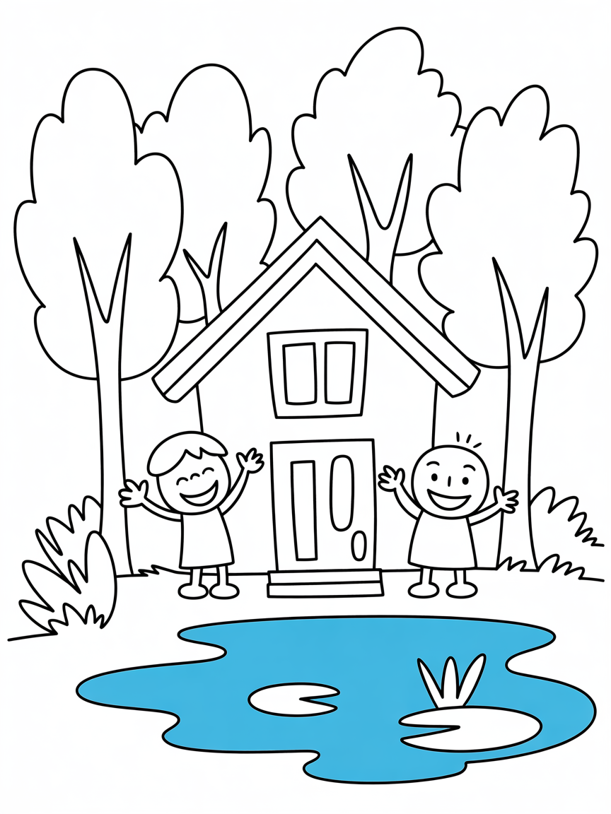 House trees pond people - Free Coloring Page