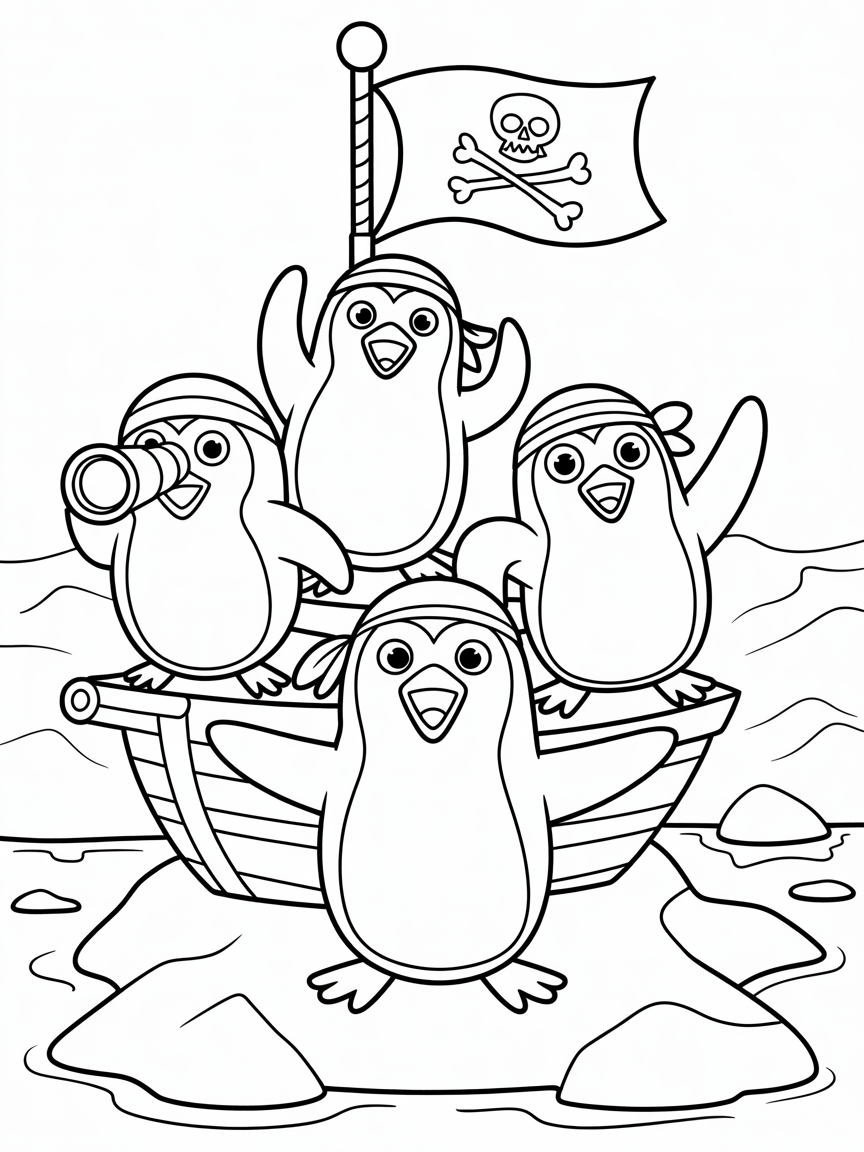 Pirate penguins on a snowy ship - Free Coloring Page