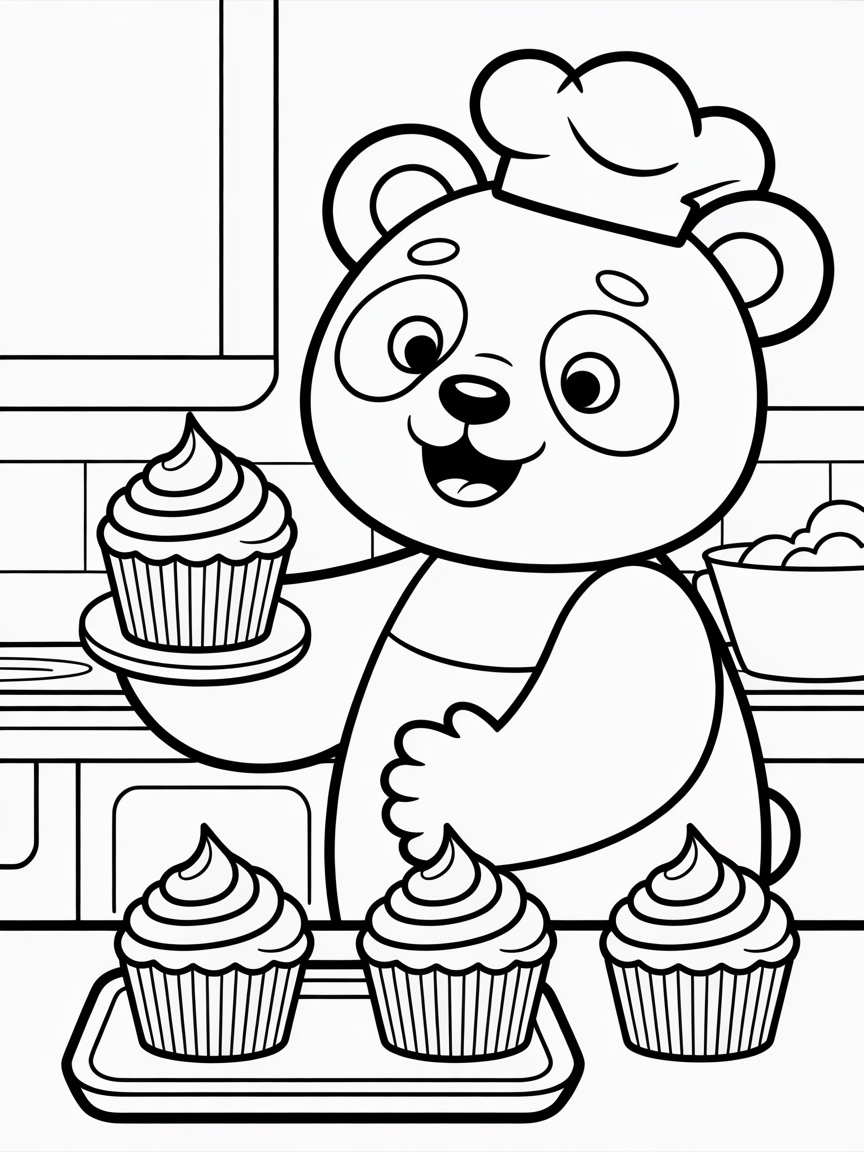 Panda baking rainbow cupcakes - Free Coloring Page