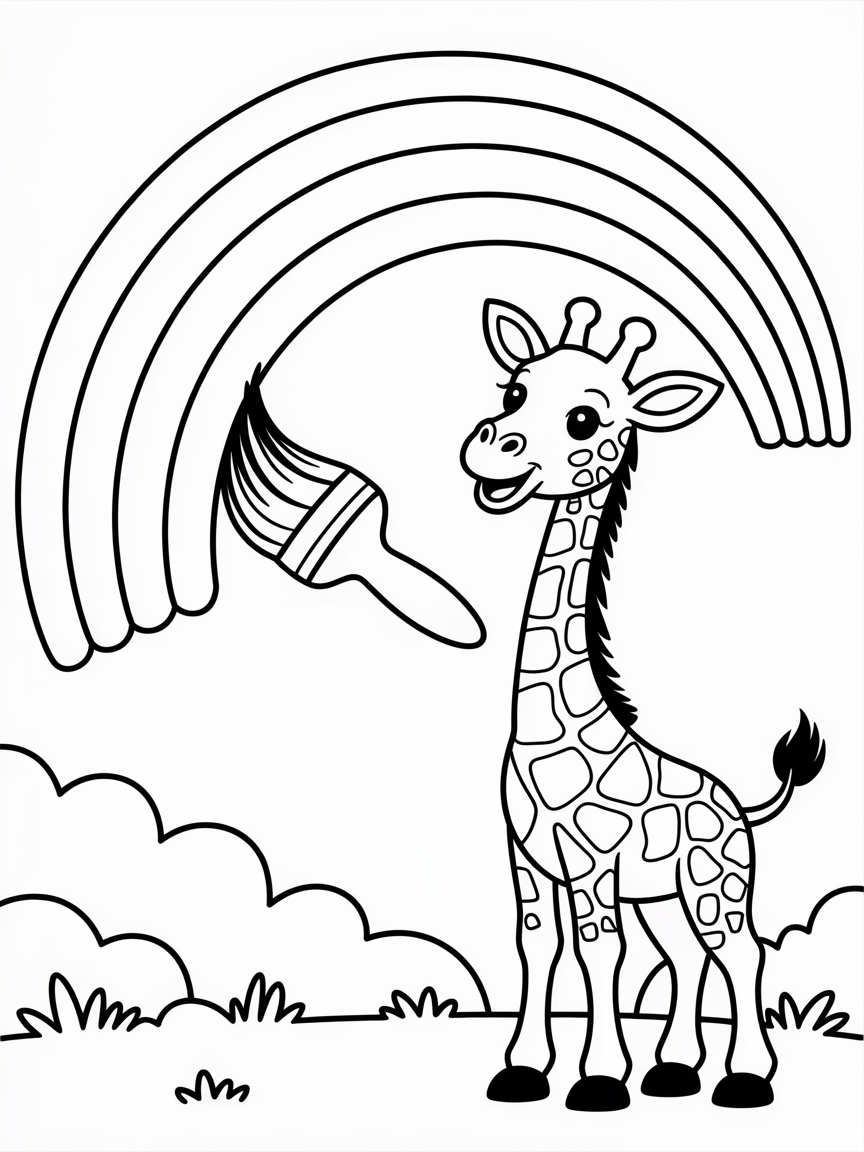 Giraffe painting a rainbow sky - Free Coloring Page