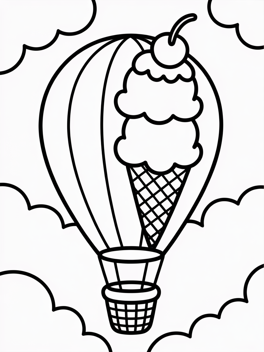 Ice cream cone flying in a hot air balloon - Free Coloring Page