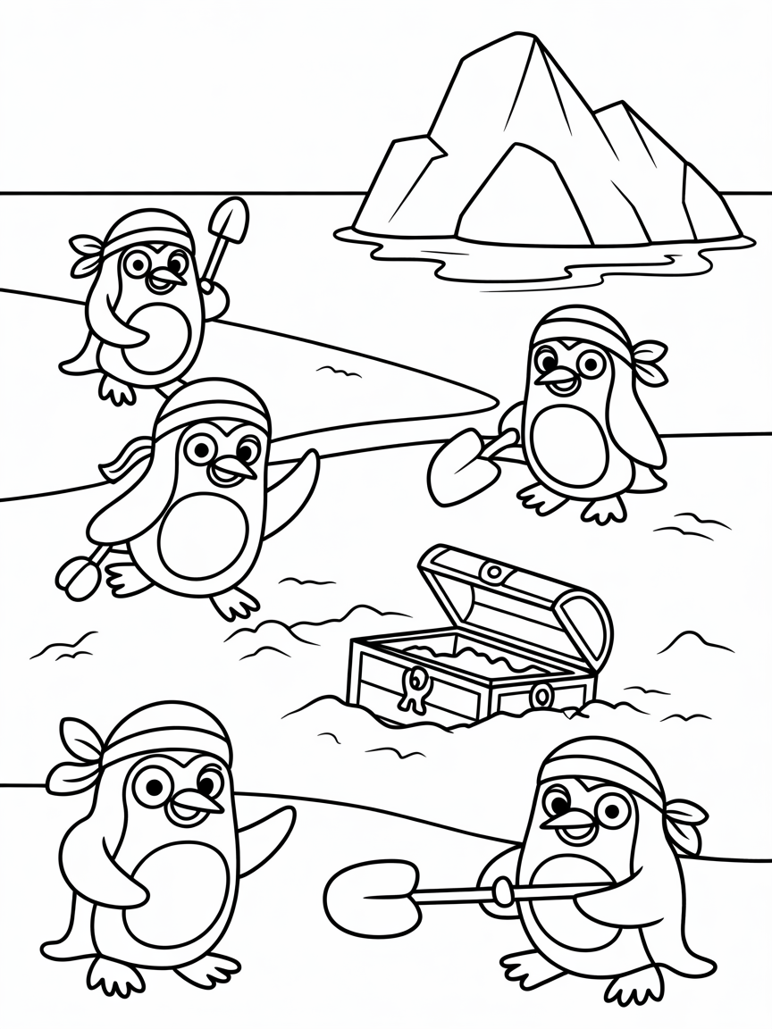 Pirate penguins on an icy treasure hunt - Free Coloring Page