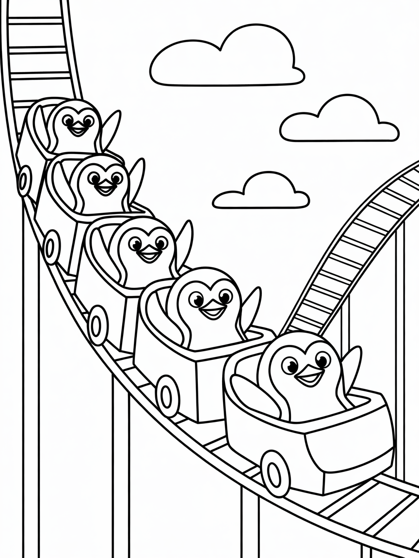 Penguins on a rollercoaster ride - Free Coloring Page