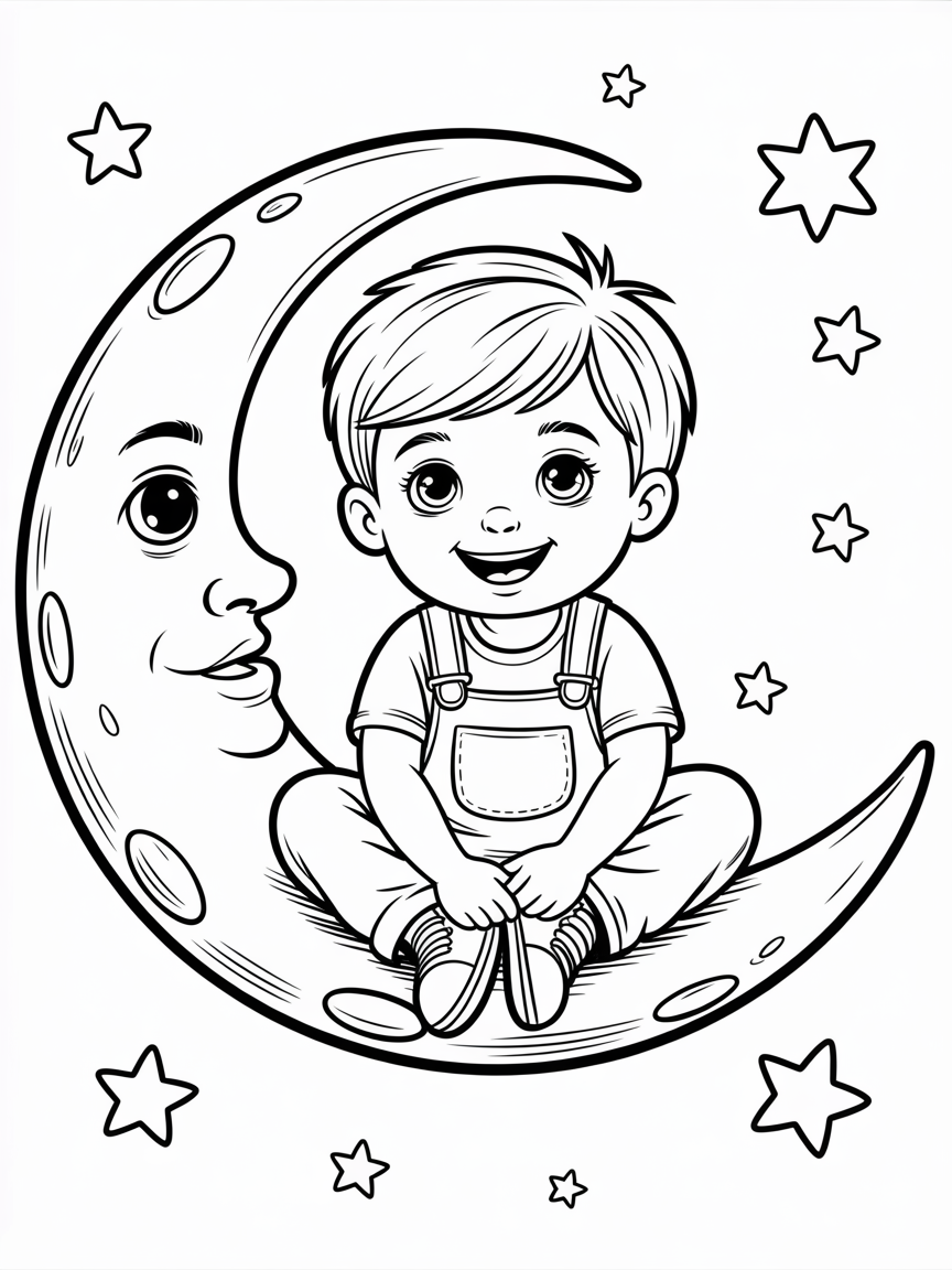 blonde kid with blue eyes on moon - Free Coloring Page