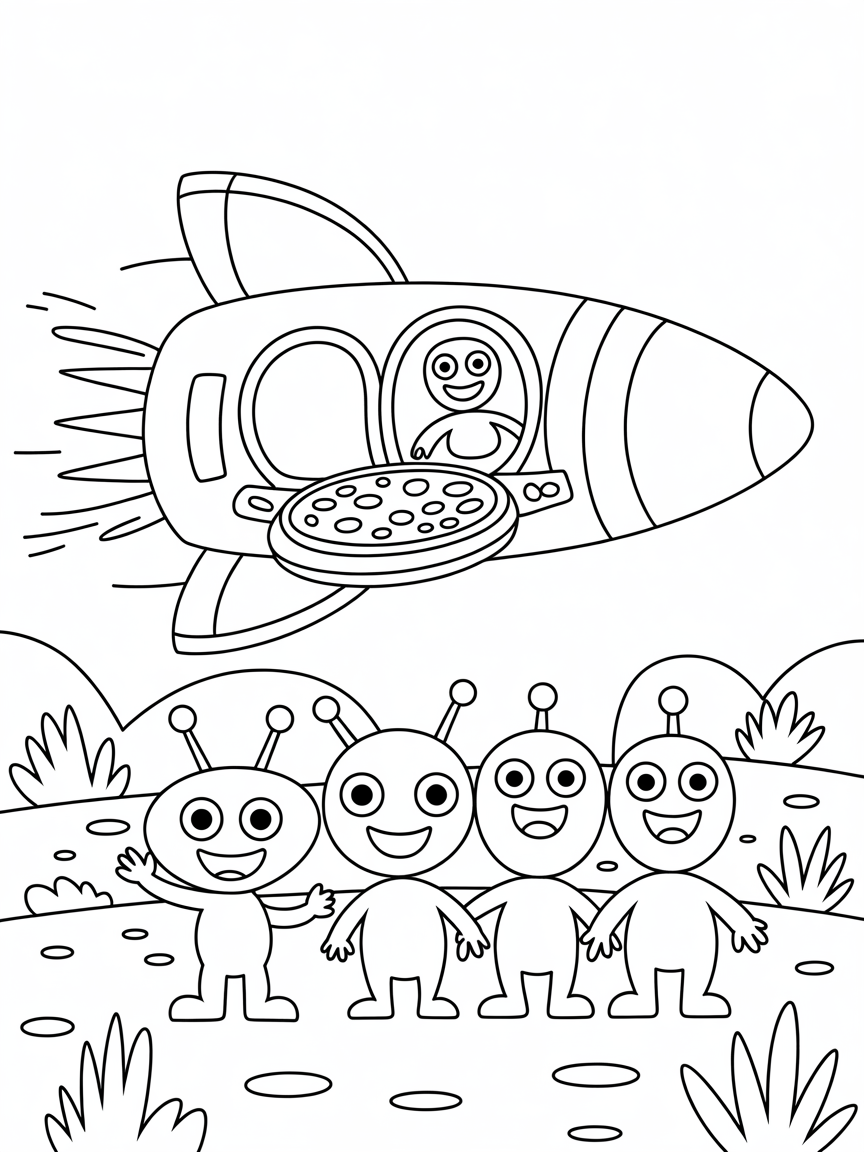 Spaceship delivering pizzas to aliens - Free Coloring Page