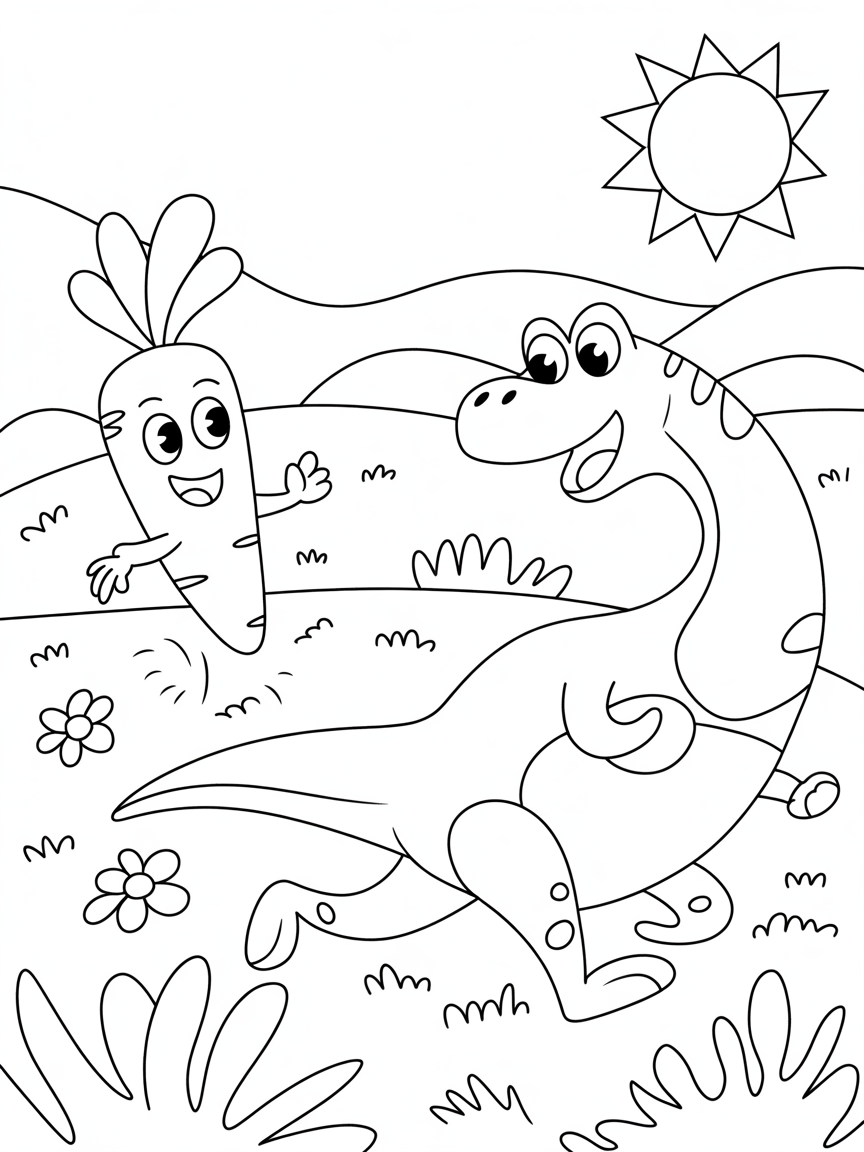 A carrot chasing a dinosaur - Free Coloring Page
