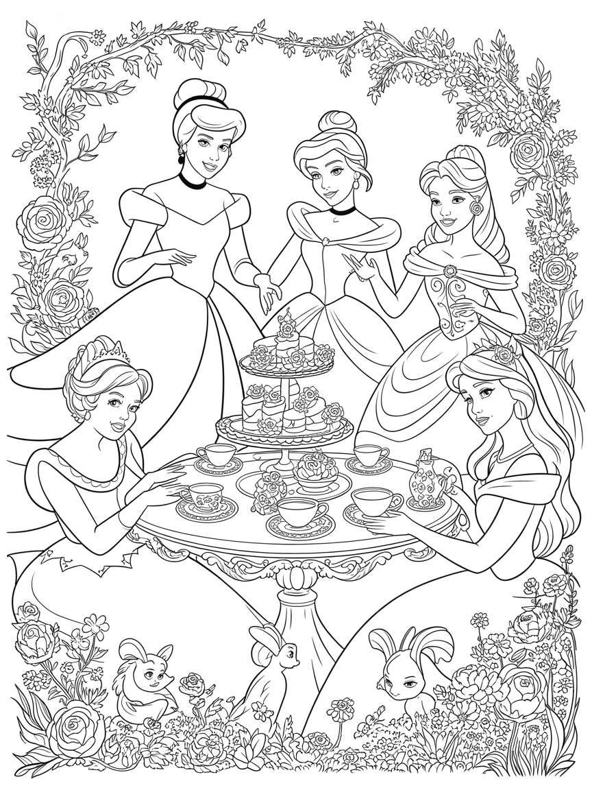 Disney Princess characters having a tea party - Free Coloring Page