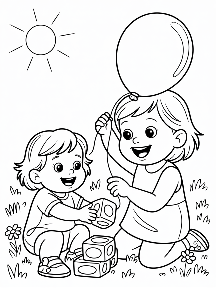 3 and 1,5 year old sisters having fun - Free Coloring Page