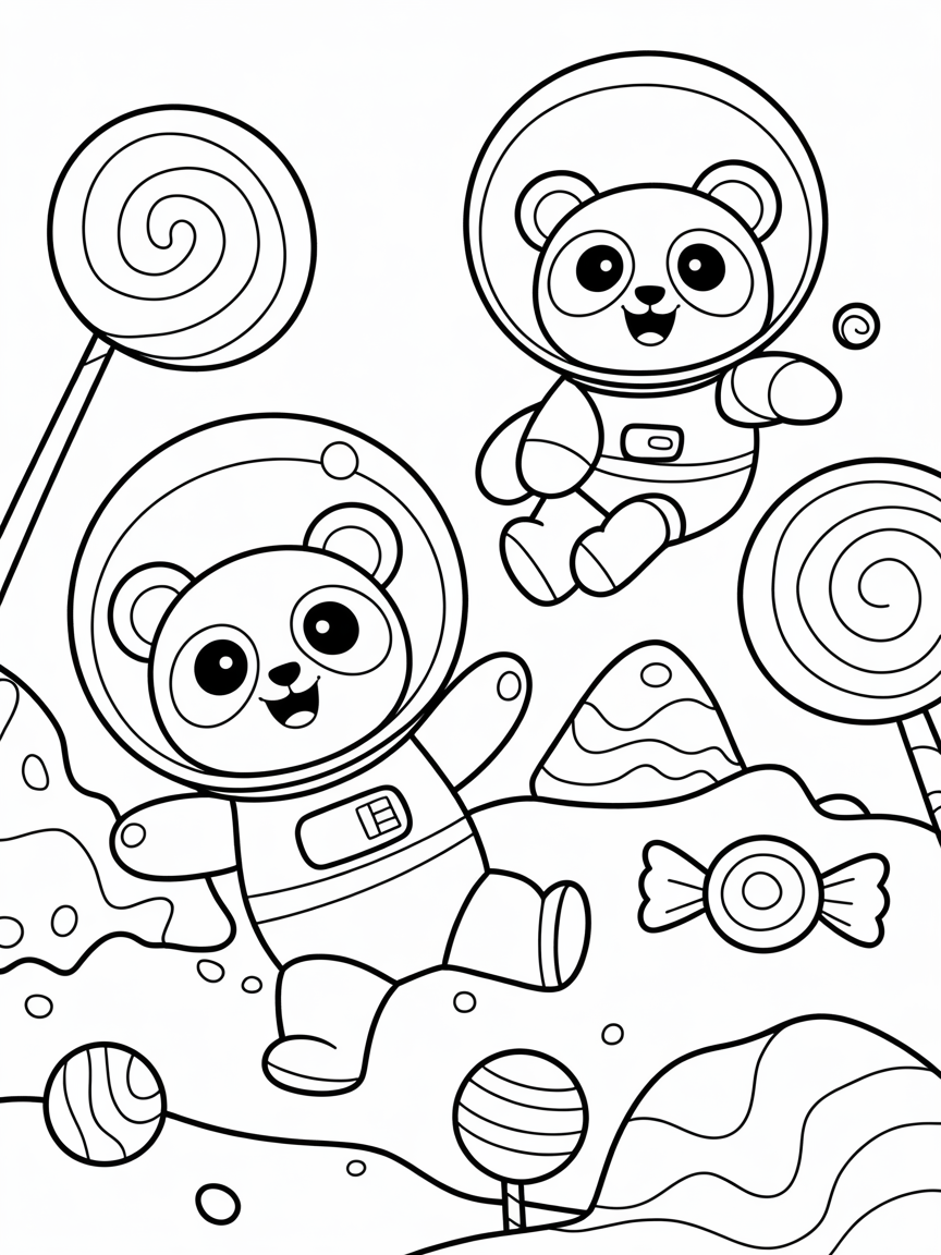 Panda astronauts exploring a candy planet - Free Coloring Page
