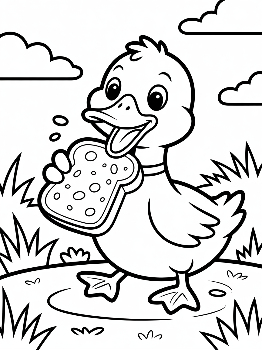 Duck eating bread - Free Coloring Page