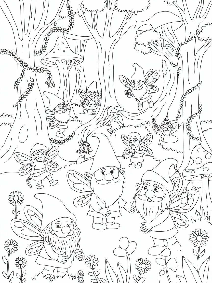Magical forest with gnomes and fairies - Free Coloring Page
