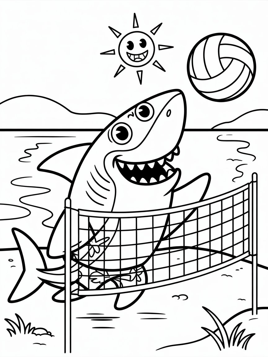 Friendly shark playing beach volleyball - Free Coloring Page
