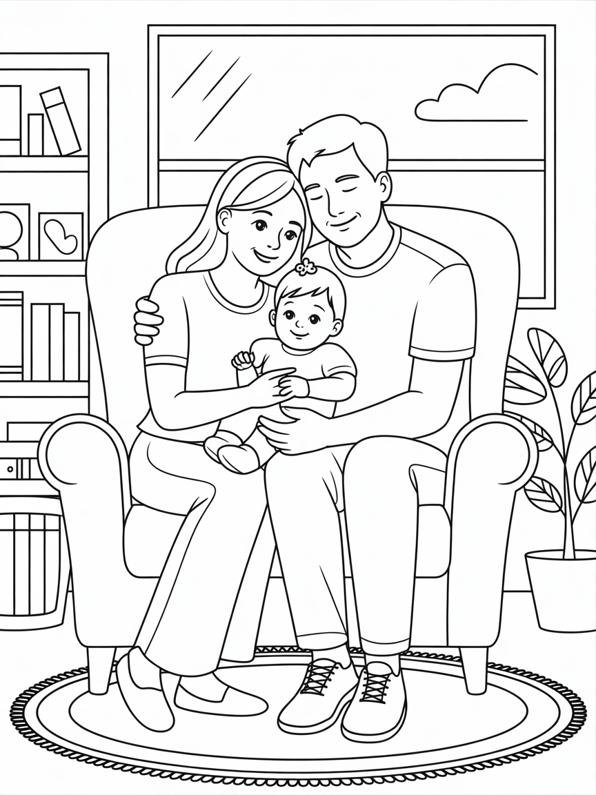 Wife and husband with their beautiful baby girl - Free Coloring Page
