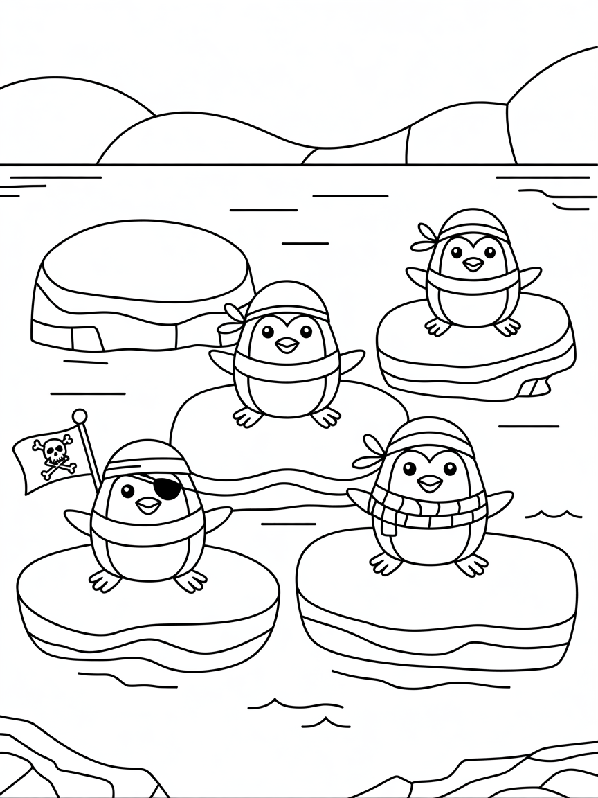 Pirate penguins sailing on ice floes - Free Coloring Page