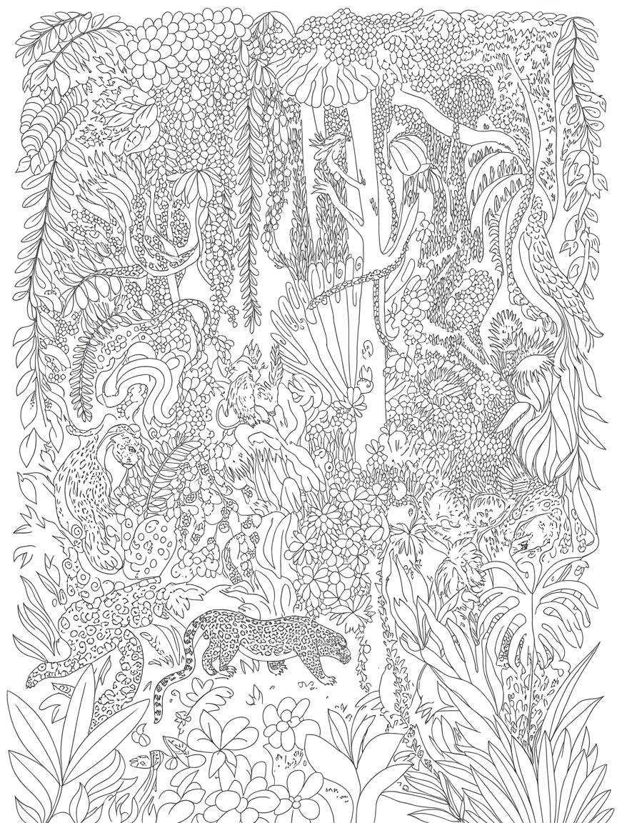 Jungle in bloom with rich animal life - Free Coloring Page